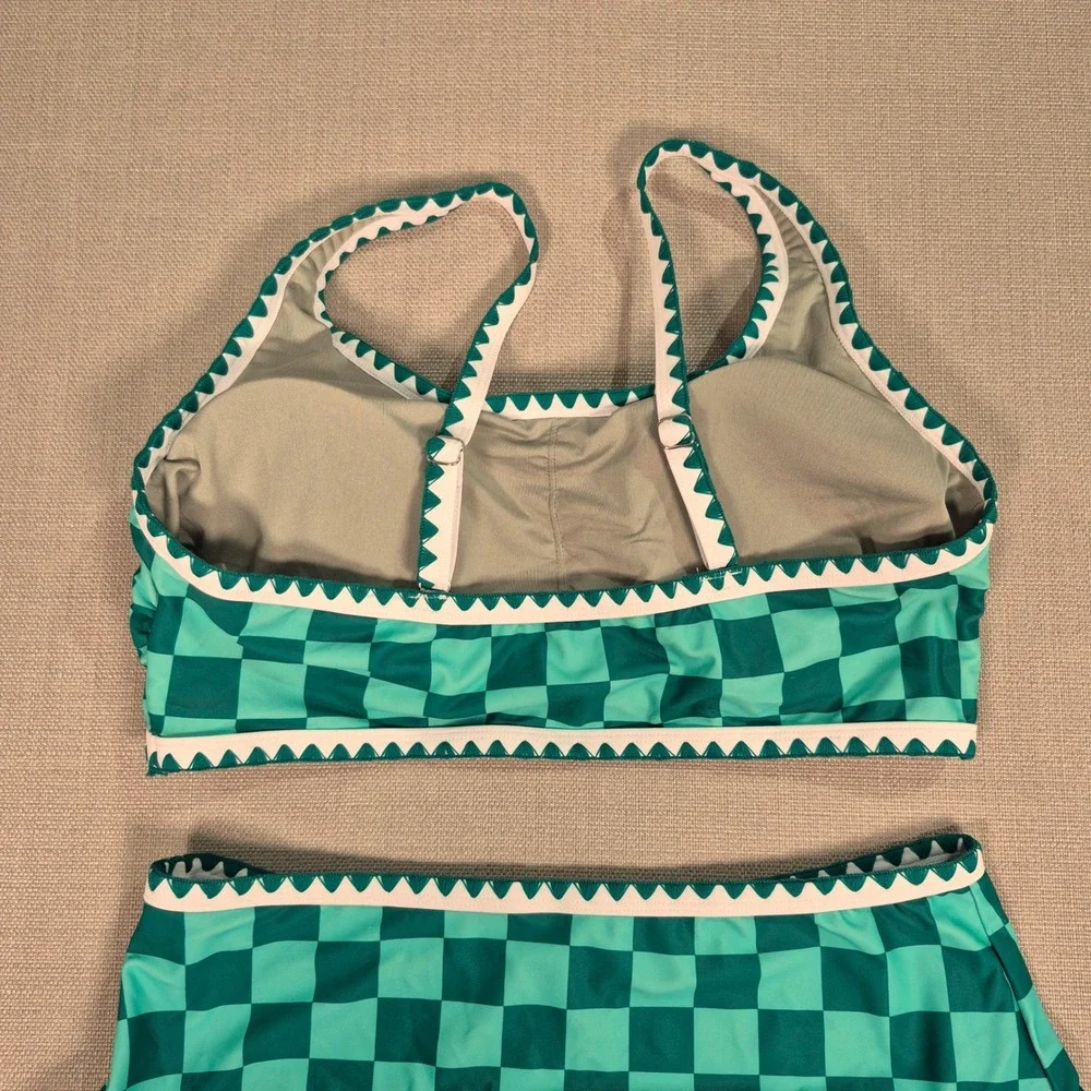 Women Green Checkered Ric Rac High Waisted Bikini Set Size L NWOT
